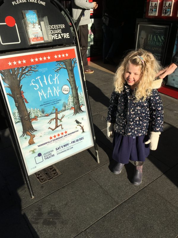 Mrs T outside Stick Man Leicester Square theatre