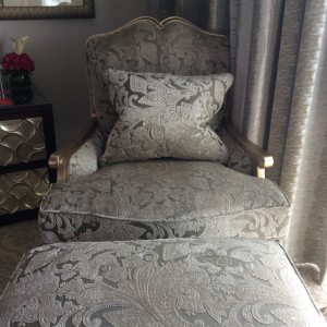 Grey velvet hair and foot stool in a suite at the One and Only, Royal Mirage, Dubai