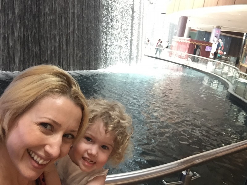 Mrs T and Wander Mum by the waterfall at Dubai Mall