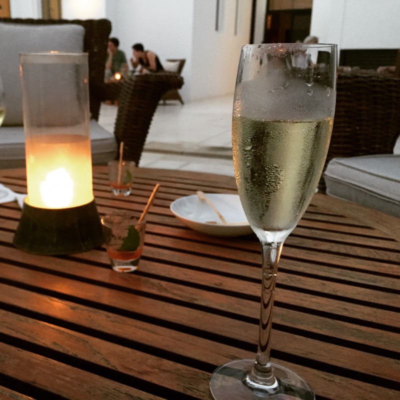 Glass of fizz at the club lounge at The Chedi, Oman, Muscat