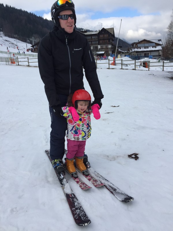 Mrs T with her daddy on the slopes