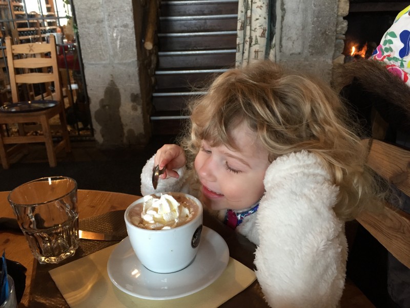 Mrs T has a well deserved hot chocolate after her first day skiing