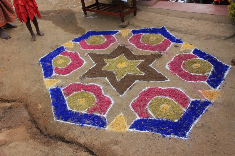 Rice patterns known as Kolam for Thai Pongal