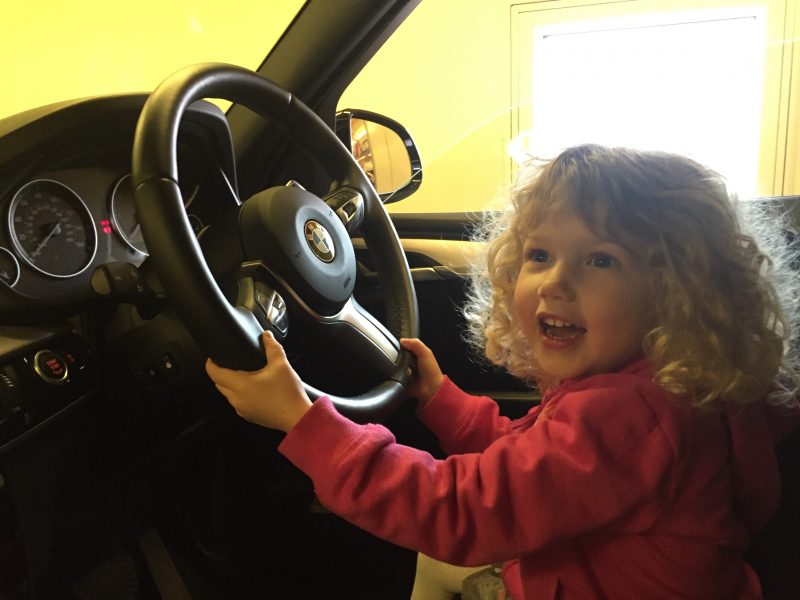 Mrs T pretends to drive the car on the EuroTunnel