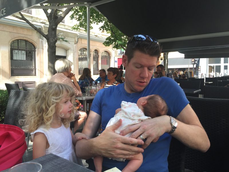 Travel with a baby: Wander dad, Cheeky, Mrs T in Lyon