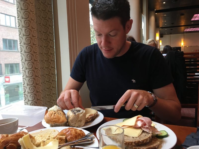 Making up sandwiches at the buffet breakfast in Oslo