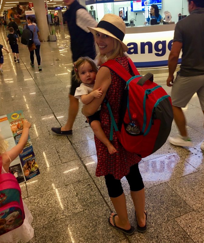 Wander Mum wearing American Tourister rucksack