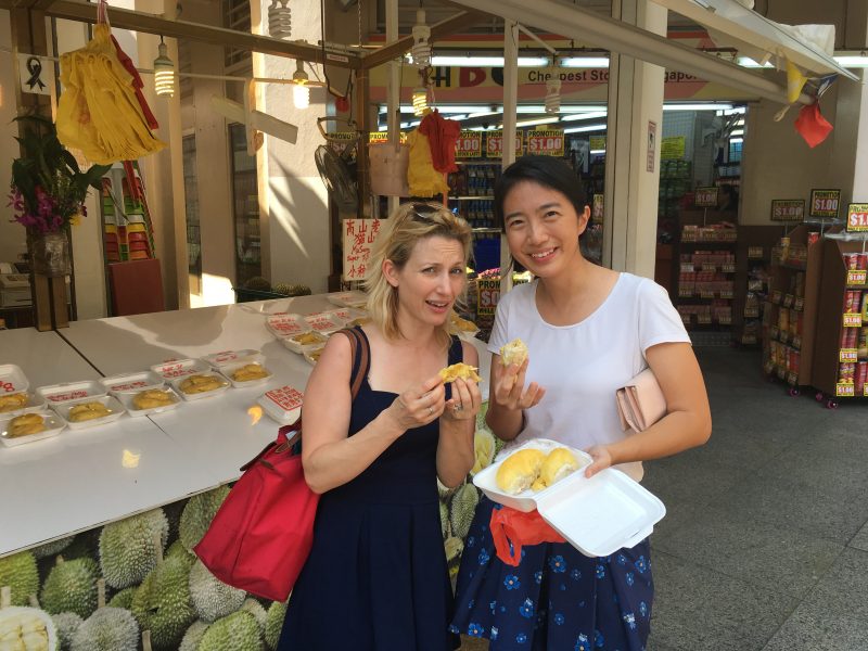 Trying durian fruit with Bumble Bee Mum in Singapore