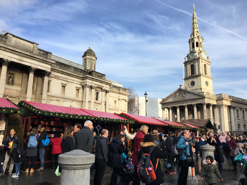 Trafalgar Square at Christmas: London Christmas Market by the National Gallery and St Martin in the Fields church